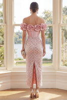 Load image into Gallery viewer, Sparkly Blush Corset Sequin Sheath Maxi Formal Dress with 3D Flowers