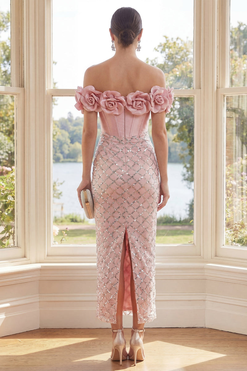 Load image into Gallery viewer, Sparkly Blush Corset Sequin Sheath Maxi Formal Dress with 3D Flowers