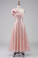 Load image into Gallery viewer, Sparkly Blush A Line Sequin Maxi Corset One Shoulder Formal Dress with Bow