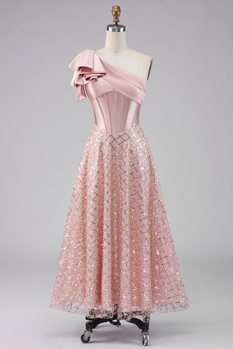 Load image into Gallery viewer, Sparkly Blush A Line Sequin Maxi Corset One Shoulder Formal Dress with Bow