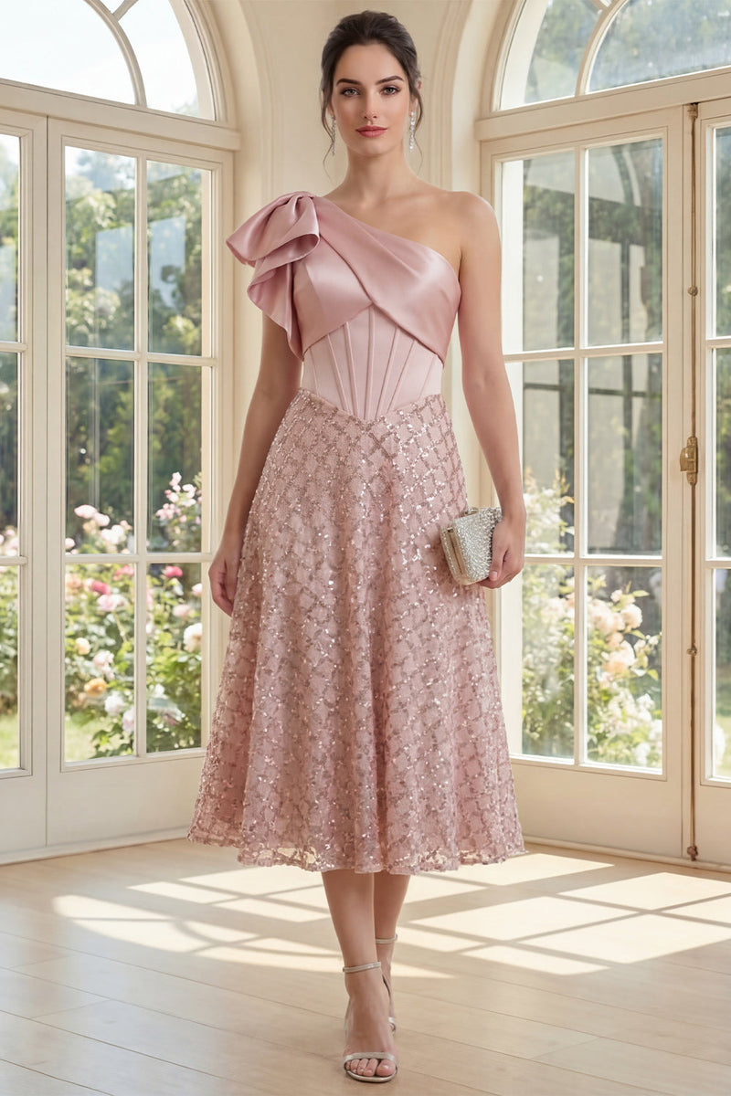 Load image into Gallery viewer, Sparkly Blush A Line Sequin Maxi Corset One Shoulder Formal Dress with Bow