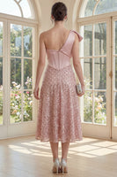 Load image into Gallery viewer, Sparkly Blush A Line Sequin Maxi Corset One Shoulder Formal Dress with Bow
