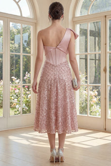 Sparkly Blush A Line Sequin Maxi Corset One Shoulder Formal Dress with Bow
