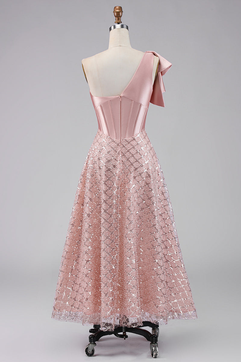 Load image into Gallery viewer, Sparkly Blush A Line Sequin Maxi Corset One Shoulder Formal Dress with Bow