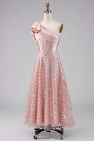 Load image into Gallery viewer, Sparkly Blush A Line Sequin Maxi Corset One Shoulder Formal Dress with Bow
