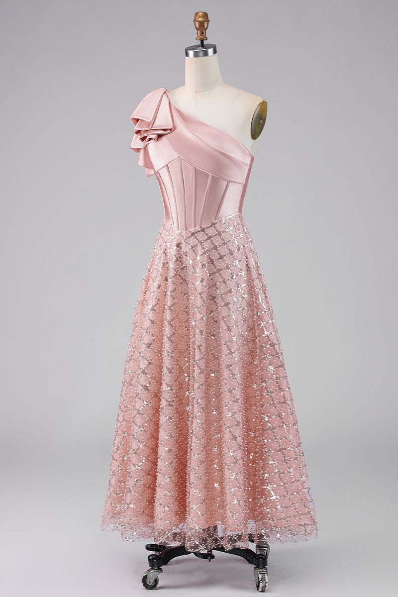 Load image into Gallery viewer, Sparkly Blush A Line Sequin Maxi Corset One Shoulder Formal Dress with Bow