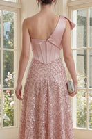 Load image into Gallery viewer, Sparkly Blush A Line Sequin Maxi Corset One Shoulder Formal Dress with Bow