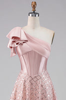 Load image into Gallery viewer, Sparkly Blush A Line Sequin Maxi Corset One Shoulder Formal Dress with Bow