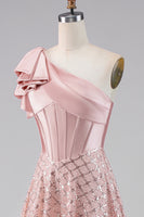 Load image into Gallery viewer, Sparkly Blush A Line Sequin Maxi Corset One Shoulder Formal Dress with Bow