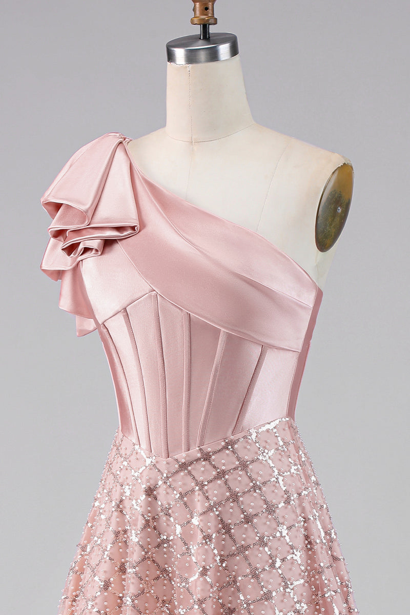 Load image into Gallery viewer, Sparkly Blush A Line Sequin Maxi Corset One Shoulder Formal Dress with Bow