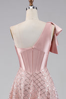 Load image into Gallery viewer, Sparkly Blush A Line Sequin Maxi Corset One Shoulder Formal Dress with Bow