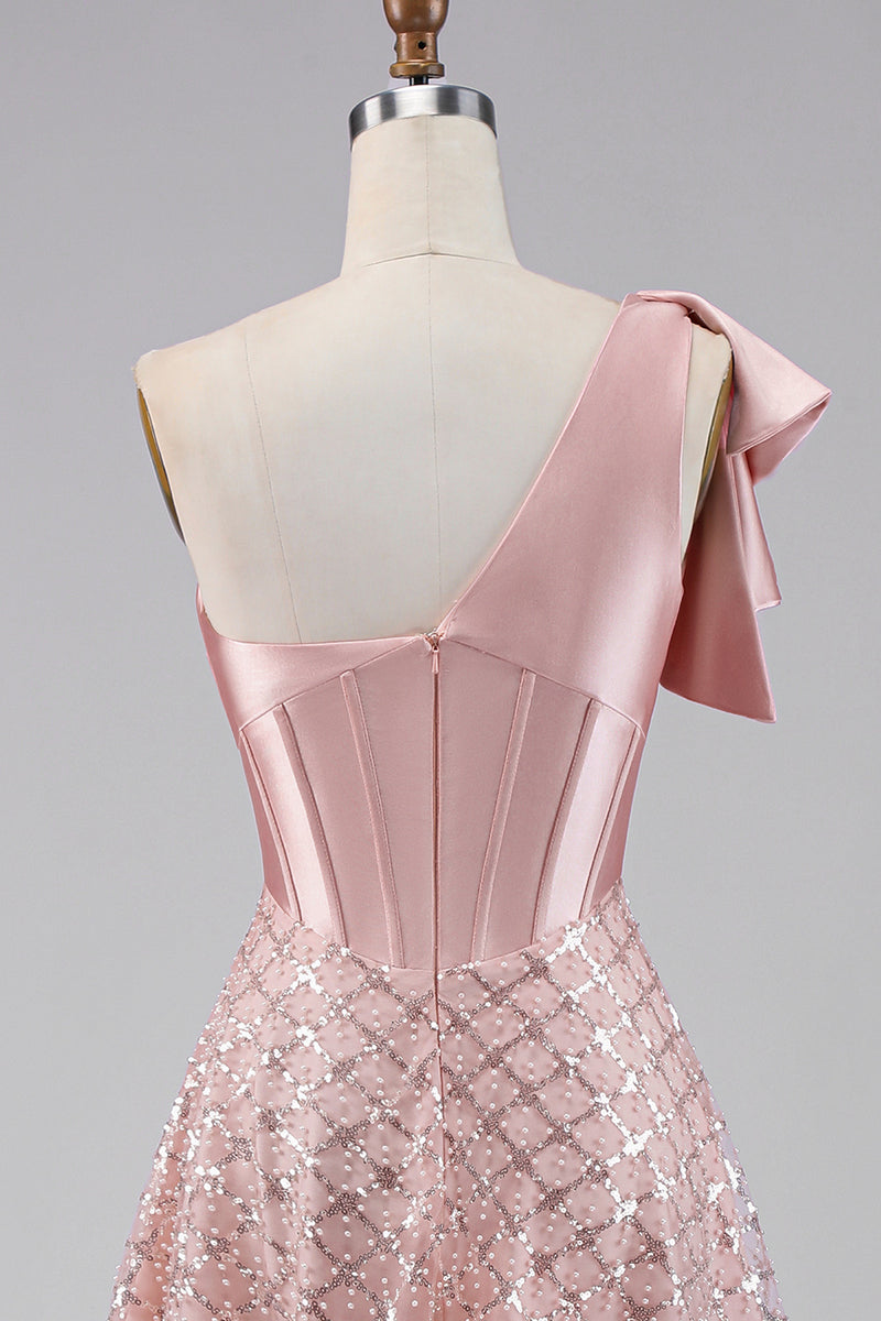 Load image into Gallery viewer, Sparkly Blush A Line Sequin Maxi Corset One Shoulder Formal Dress with Bow