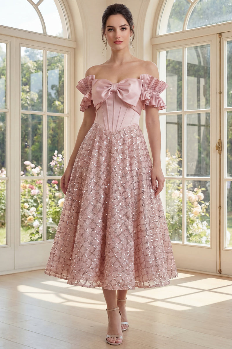 Load image into Gallery viewer, Sparkly Blush Ruffled A Line Long Sequin Corset Formal Dress with Bow