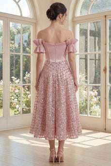 Sparkly Blush Ruffled A Line Long Sequin Corset Formal Dress with Bow