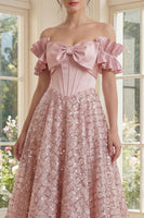 Load image into Gallery viewer, Sparkly Blush Ruffled A Line Long Sequin Corset Formal Dress with Bow