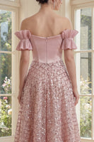 Load image into Gallery viewer, Sparkly Blush Ruffled A Line Long Sequin Corset Formal Dress with Bow