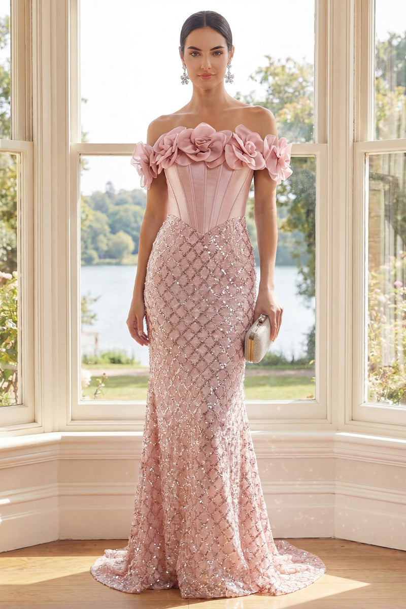 Load image into Gallery viewer, Sparkly Blush Sequin Long Corset Mermaid Formal Dress with 3D Flowers