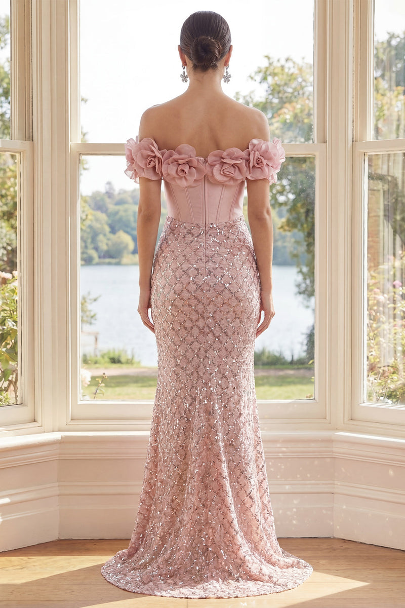 Load image into Gallery viewer, Sparkly Blush Sequin Long Corset Mermaid Formal Dress with 3D Flowers
