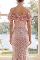 Load image into Gallery viewer, Sparkly Blush Sequin Long Corset Mermaid Formal Dress with 3D Flowers