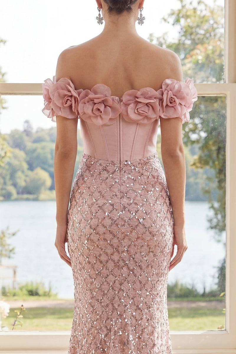 Load image into Gallery viewer, Sparkly Blush Sequin Long Corset Mermaid Formal Dress with 3D Flowers