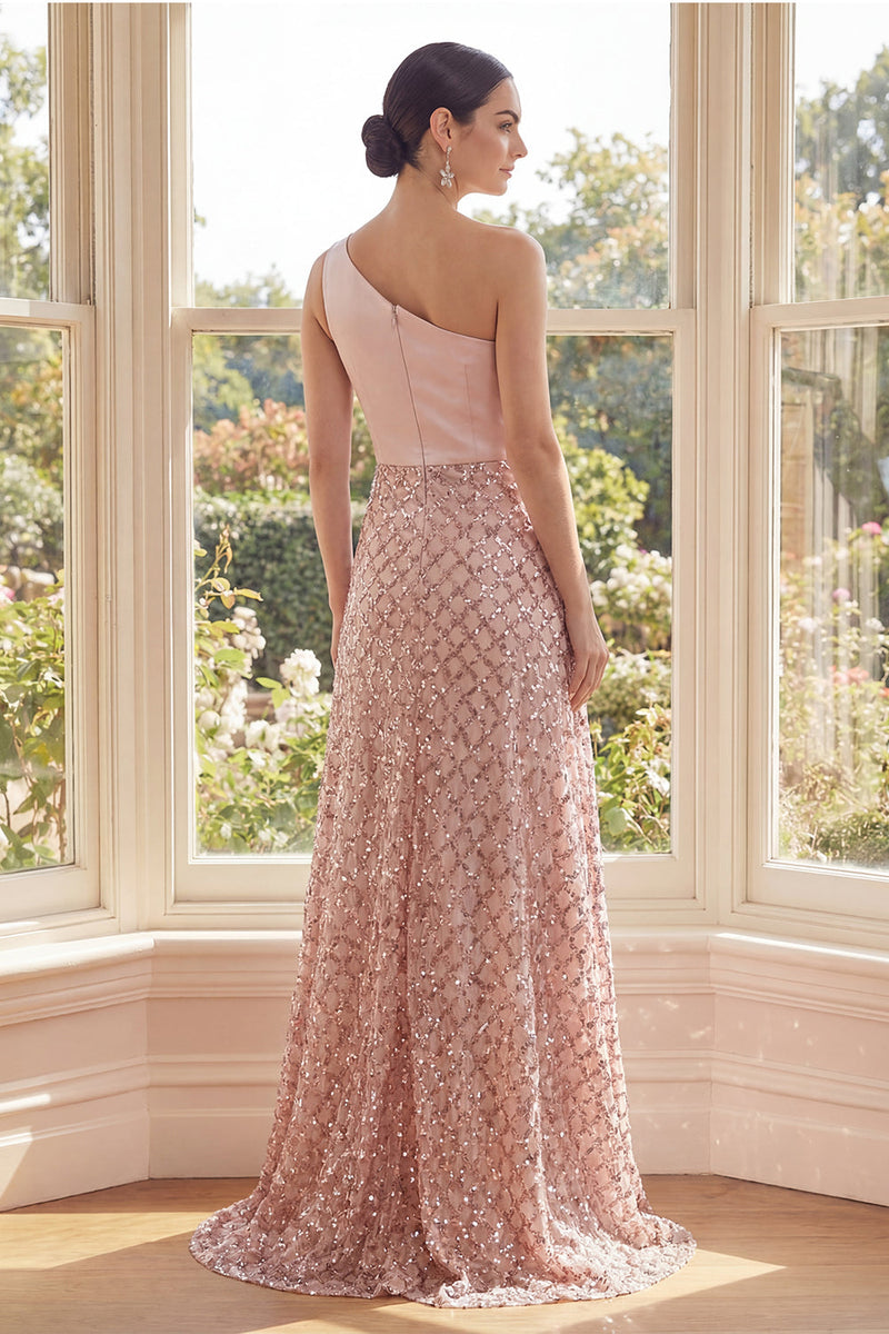 Load image into Gallery viewer, Sparkly Blush A Line Sequin One Shoulder Long Formal Dress