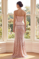 Load image into Gallery viewer, Sparkly Blush Strapless Long Sequin Mermaid Formal Dress with Bow