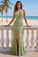 Load image into Gallery viewer, Sage Green V-Neck Mermaid Floral Lace Long Formal Dress with Slit