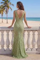 Load image into Gallery viewer, Sage Green V-Neck Mermaid Floral Lace Long Formal Dress with Slit