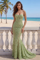 Load image into Gallery viewer, Mermaid Sage Green Corset Strapless Floral Lace Long Formal Dress