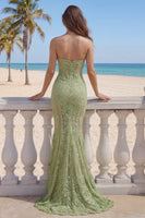 Load image into Gallery viewer, Mermaid Sage Green Corset Strapless Floral Lace Long Formal Dress