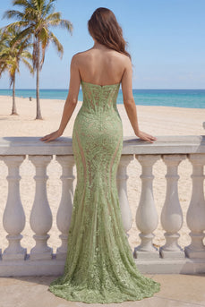 Mermaid Sage Green Corset Strapless Floral Lace Long Formal Dress