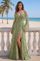 Load image into Gallery viewer, Sage Green Floral Lace Beaded A Line Long Sleeves Formal Dress with Slit