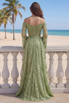 Sage Green Floral Lace Beaded A Line Long Sleeves Formal Dress with Slit