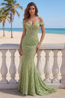 Load image into Gallery viewer, Sage Green Floral Off the Shoulder Mermaid Lace Long Formal Dress