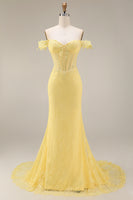 Load image into Gallery viewer, Yellow Floral Mermaid Butter Lace Long Corset Off the Shoulder Formal Dress