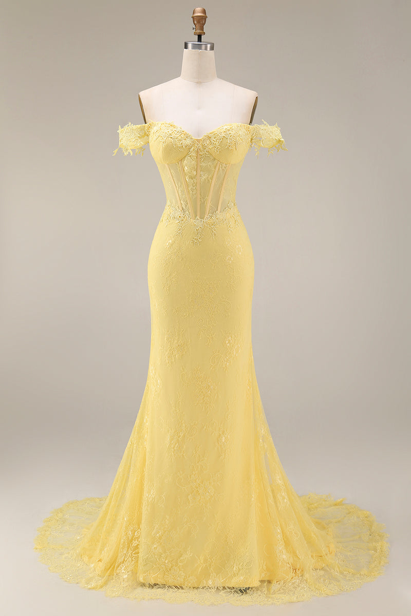 Load image into Gallery viewer, Yellow Floral Mermaid Butter Lace Long Corset Off the Shoulder Formal Dress