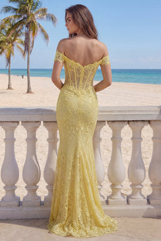 Yellow Floral Mermaid Butter Lace Long Corset Off the Shoulder Formal Dress