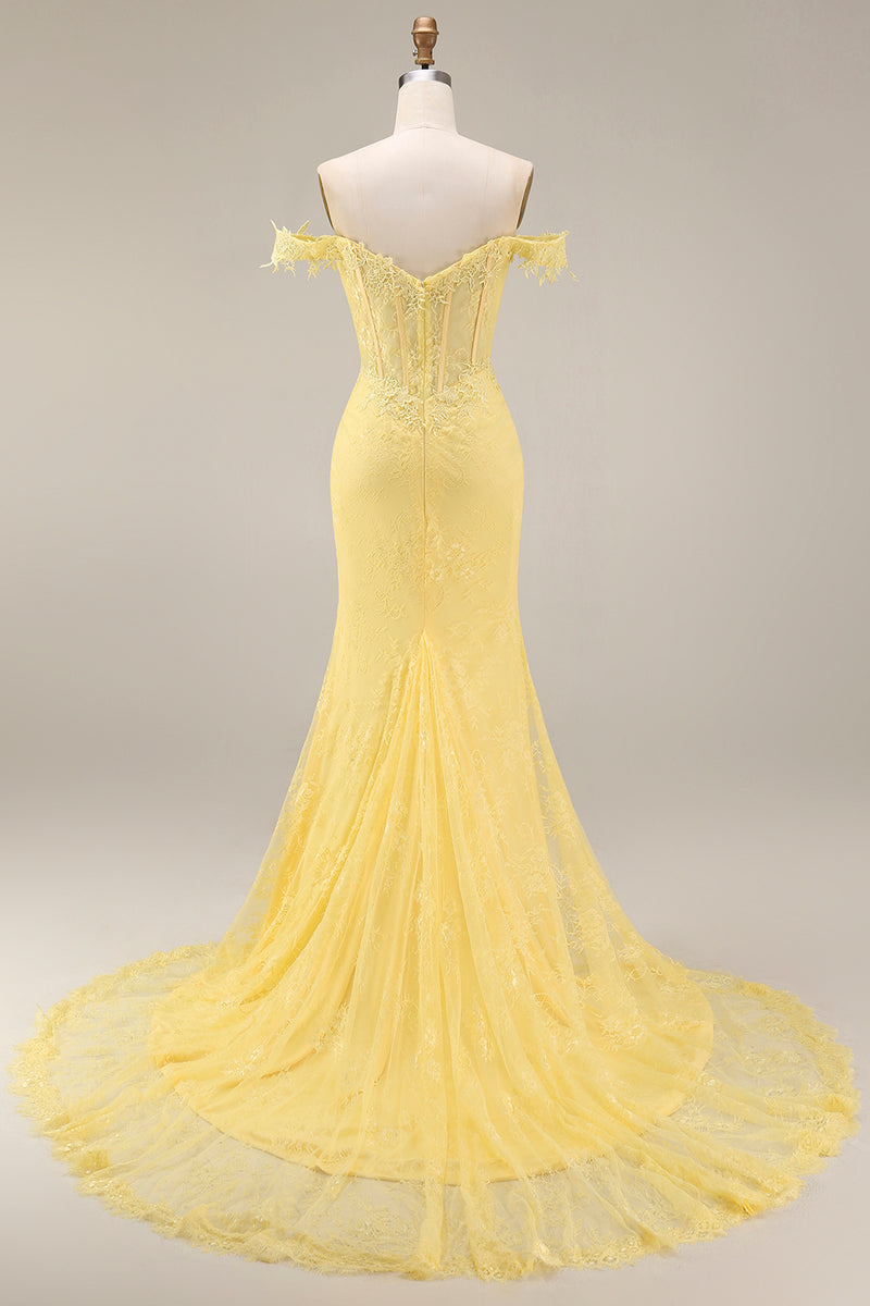 Load image into Gallery viewer, Yellow Floral Mermaid Butter Lace Long Corset Off the Shoulder Formal Dress