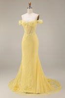 Load image into Gallery viewer, Yellow Floral Mermaid Butter Lace Long Corset Off the Shoulder Formal Dress