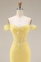 Load image into Gallery viewer, Yellow Floral Mermaid Butter Lace Long Corset Off the Shoulder Formal Dress