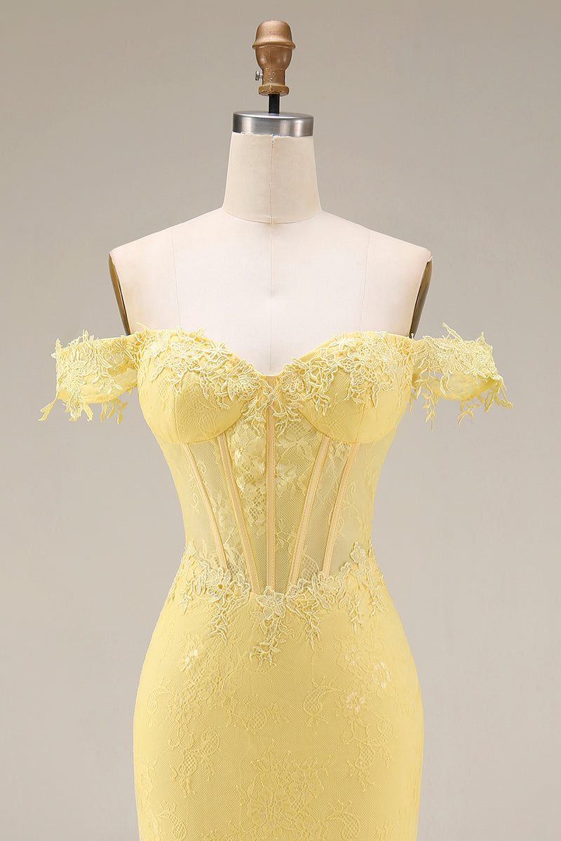Load image into Gallery viewer, Yellow Floral Mermaid Butter Lace Long Corset Off the Shoulder Formal Dress