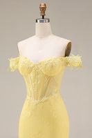 Load image into Gallery viewer, Yellow Floral Mermaid Butter Lace Long Corset Off the Shoulder Formal Dress