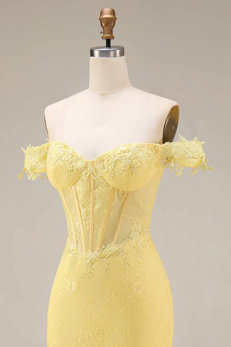 Load image into Gallery viewer, Yellow Floral Mermaid Butter Lace Long Corset Off the Shoulder Formal Dress