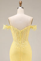 Load image into Gallery viewer, Yellow Floral Mermaid Butter Lace Long Corset Off the Shoulder Formal Dress