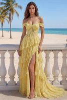 Load image into Gallery viewer, Yellow Ruffled Butter Mermaid Floral Lace Long Corset Formal Dress with Slit