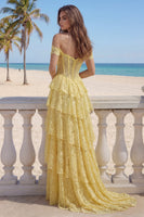 Load image into Gallery viewer, Yellow Ruffled Butter Mermaid Floral Lace Long Corset Formal Dress with Slit