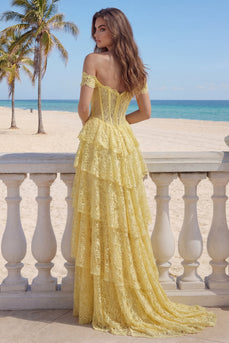 Yellow Ruffled Butter Mermaid Floral Lace Long Corset Formal Dress with Slit