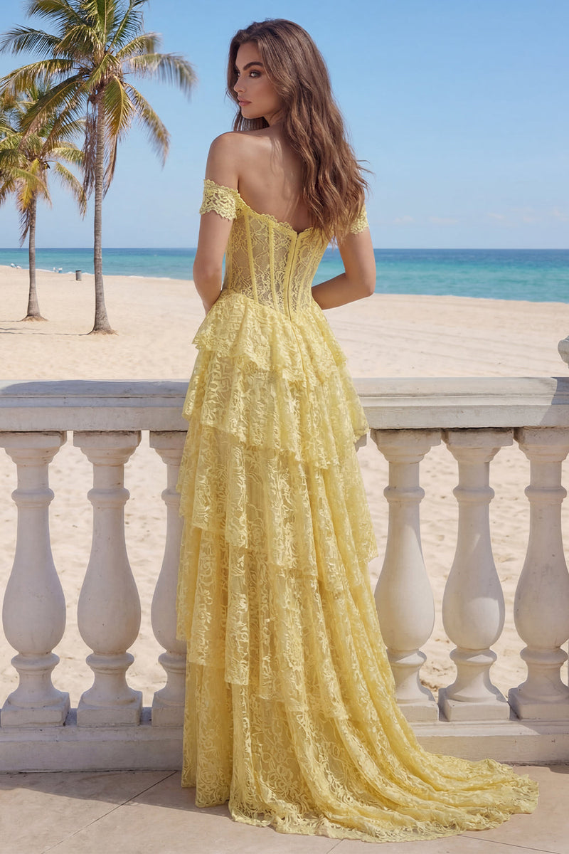 Load image into Gallery viewer, Yellow Ruffled Butter Mermaid Floral Lace Long Corset Formal Dress with Slit