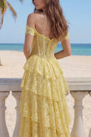 Load image into Gallery viewer, Yellow Ruffled Butter Mermaid Floral Lace Long Corset Formal Dress with Slit