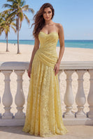 Load image into Gallery viewer, Yellow Sweetheart Butter Floral Lace Long Sheath Ruched Formal Dress